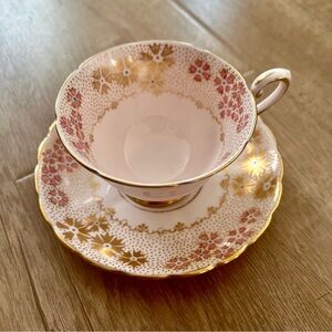 RARE‎ Vtg Tuscan English Bone China Pink Flowers & Gold Glitter Tea Cup & Saucer